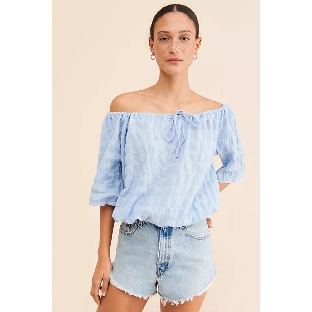 Girl and the Sun Light Blue Off The Shoulder Cotton Textured Blouse Medium